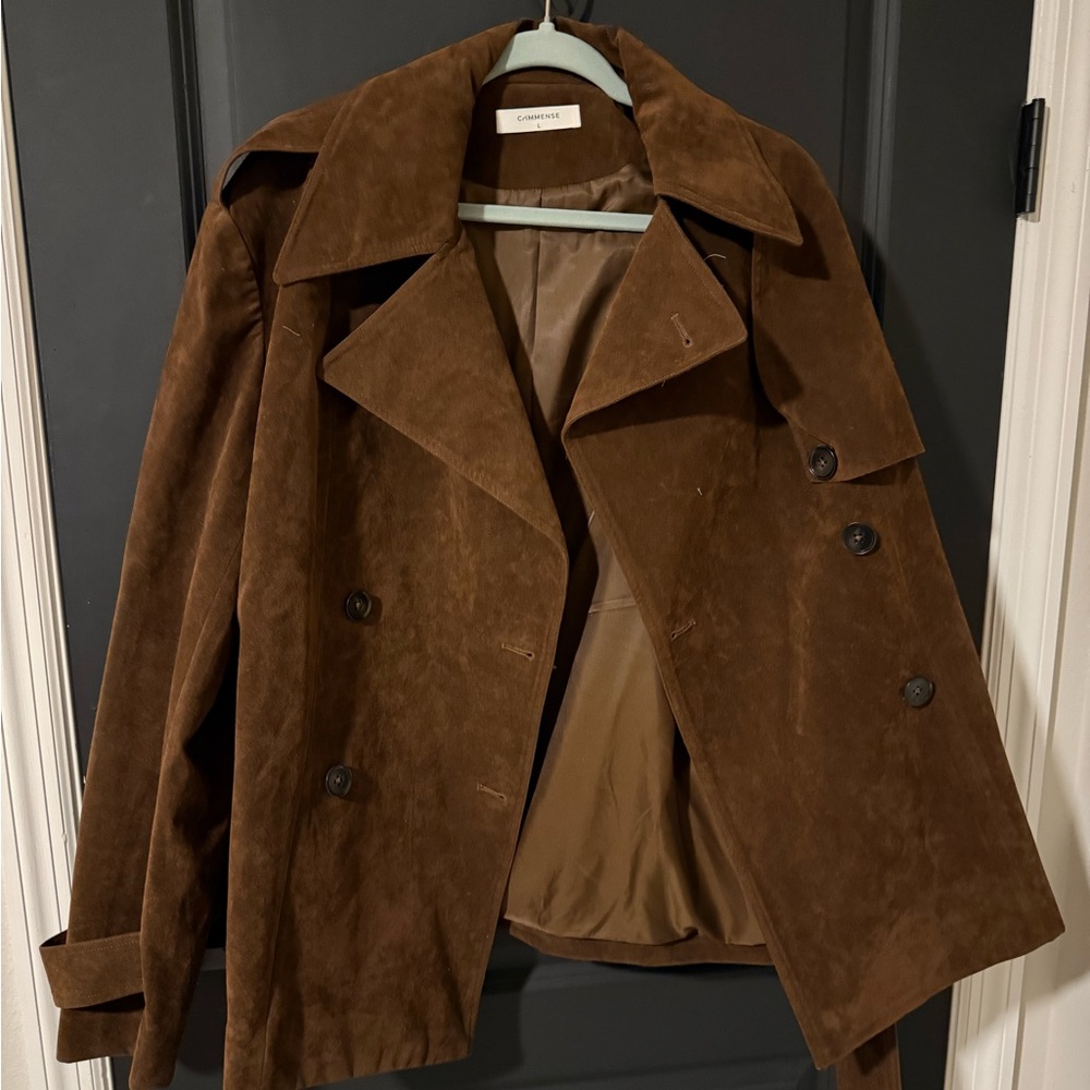 Suede Double-Breasted Trench Coat - Brown